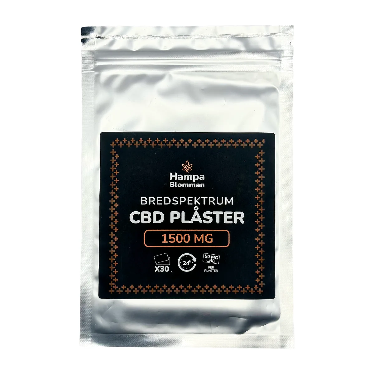 Förpackning med CBD-plåster 50 mg – 30 plåster, 1500 mg bredspektrum hampaextrakt, 0,0 % THC